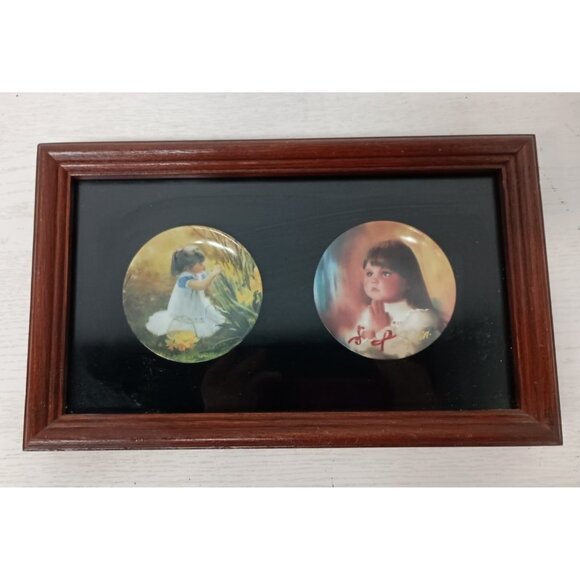 VTG 90s Pemberton and Oakes Little Girl 2 Miniature Plate Shadow Box Wall Art - Picture 1 of 9